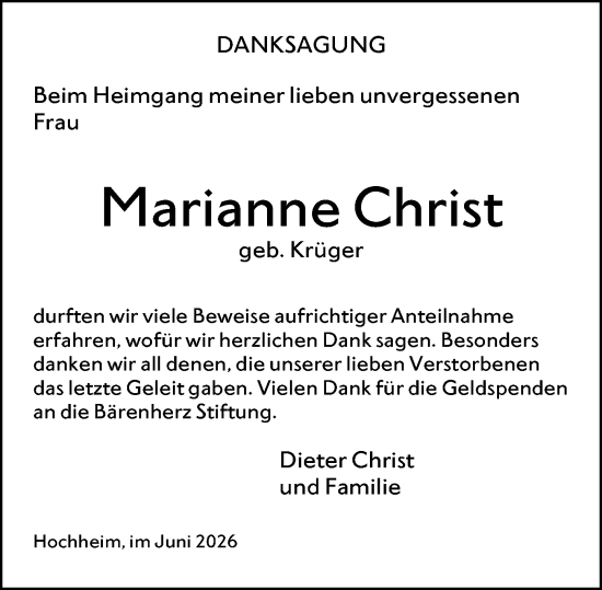 Traueranzeige von Marianne Christ von Hochheimer Zeitung