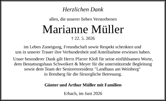 Traueranzeige von Marianne Müller von Odenwälder Echo