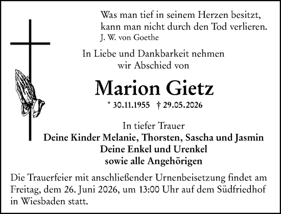 Traueranzeige von Marion Gietz von Wiesbadener Kurier