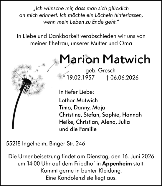 Traueranzeige von Marion Matwich von Allgemeine Zeitung Rheinhessen-Nahe