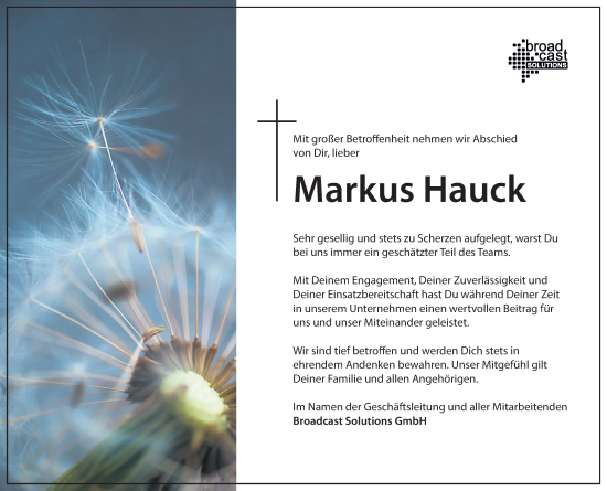 Traueranzeige von Markus Hauck von Binger-/Ingelheimer Wochenblatt