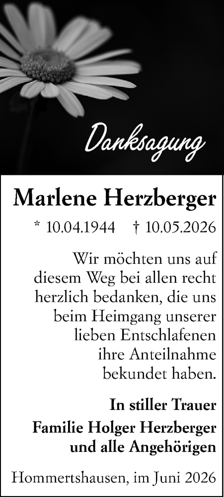 Traueranzeige von Marlene Herzberger von Hinterländer Anzeiger