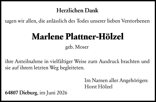 Traueranzeige von Marlene Plattner-Hölzel von Dieburger Anzeiger/Groß-Zimmerner Lokal-Anzeiger