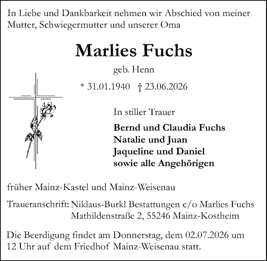 Traueranzeige von Marlies Fuchs von Allgemeine Zeitung Mainz