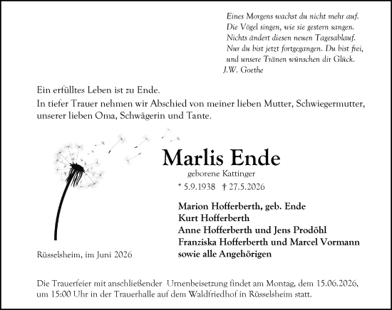 Traueranzeige von Marlis Ende von Rüsselsheimer Echo