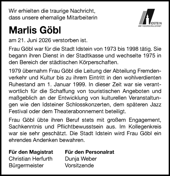 Traueranzeige von Marlis Göbl von Idsteiner Land/Untertaunus