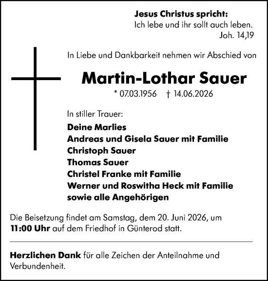 Traueranzeige von Martin-Lothar Sauer von Hinterländer Anzeiger