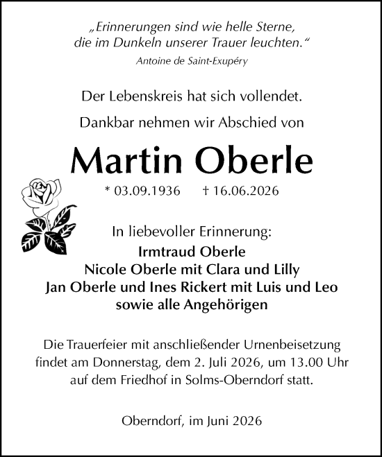 Traueranzeige von Martin Oberle von Wetzlarer Neue Zeitung