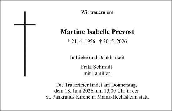 Traueranzeige von Martine Isabelle Prevost von Allgemeine Zeitung Mainz