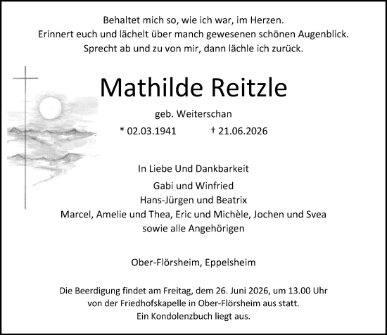 Traueranzeige von Mathilde Reitzle von Allgemeine Zeitung Alzey