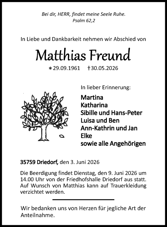 Traueranzeige von Matthias Freund von Dill Block