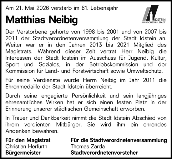 Traueranzeige von Matthias Neibig von Idsteiner Land/Untertaunus