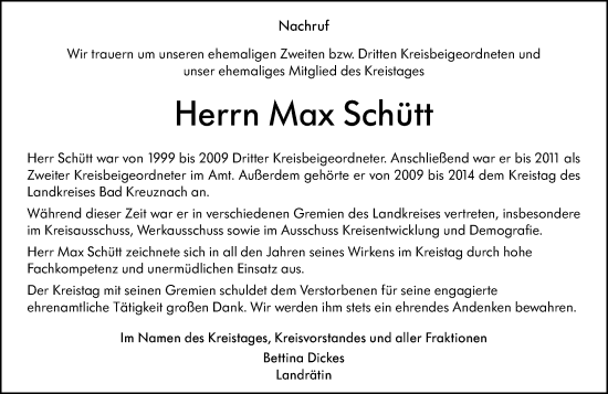 Traueranzeige von Max Schütt von Allgemeine Zeitung Rheinhessen-Nahe