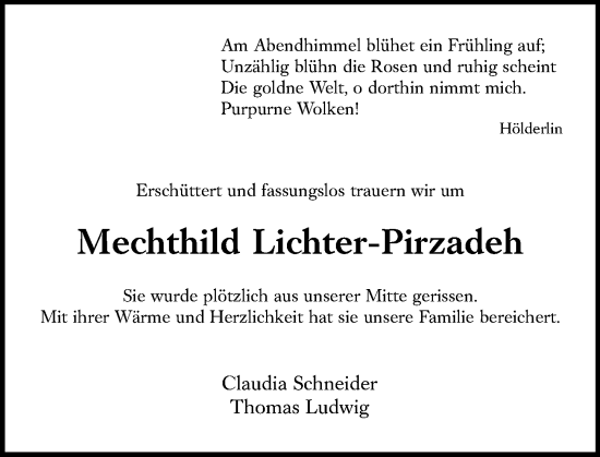 Traueranzeige von Mechthild Lichter-Pirzadeh von Wiesbadener Kurier