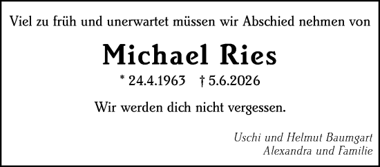 Traueranzeige von Michael Ries von Wiesbadener Kurier