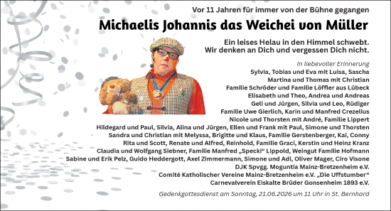 Traueranzeige von Michaelis Johannis Müller von Allgemeine Zeitung Mainz