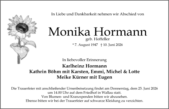 Traueranzeige von Monika Hormann von Wiesbadener Kurier