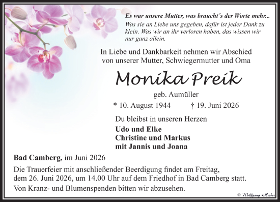 Traueranzeige von Monika Preik von Camberger Anzeiger