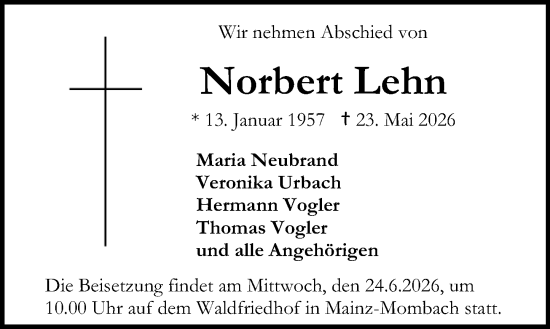 Traueranzeige von Norbert Lehn von Allgemeine Zeitung Mainz