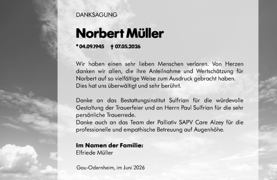 Traueranzeige von Norbert Müller von Allgemeine Zeitung Alzey