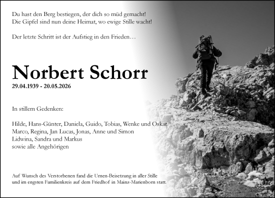 Traueranzeige von Norbert Schorr von Allgemeine Zeitung Mainz
