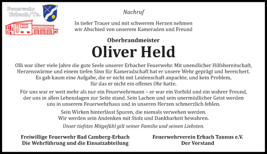 Traueranzeige von Oliver Held von Camberger Anzeiger