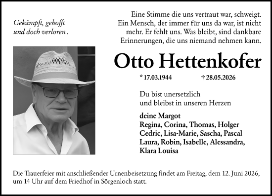 Traueranzeige von Otto Hettenkofer von Allgemeine Zeitung Mainz