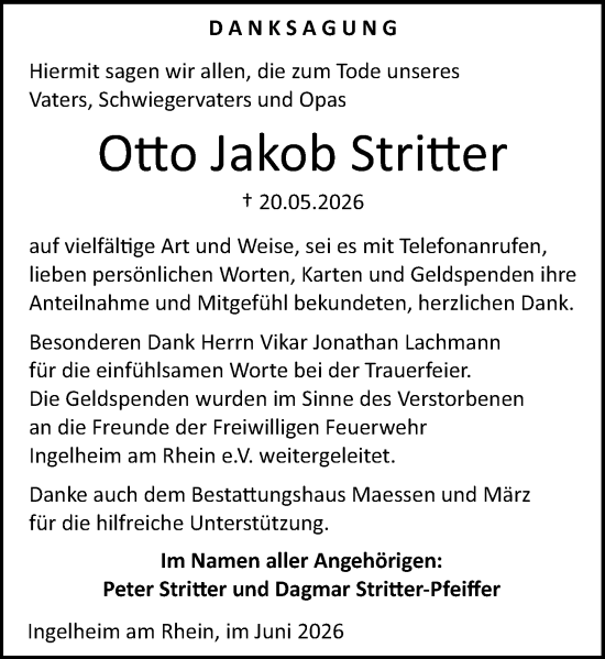 Traueranzeige von Otto Jakob Stritter von Allgemeine Zeitung Rheinhessen-Nahe