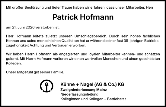 Traueranzeige von Patrick Hofmann von Allgemeine Zeitung Mainz