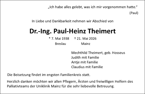 Traueranzeige von Paul-Heinz Theimert von Allgemeine Zeitung Mainz