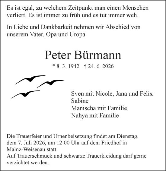Traueranzeige von Peter Bürmann von Allgemeine Zeitung Mainz