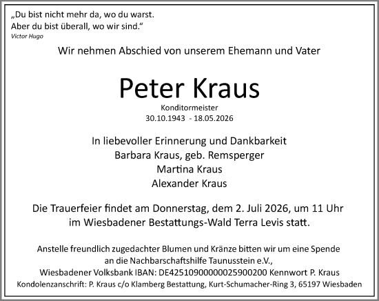Traueranzeige von Peter Kraus von Wiesbadener Kurier