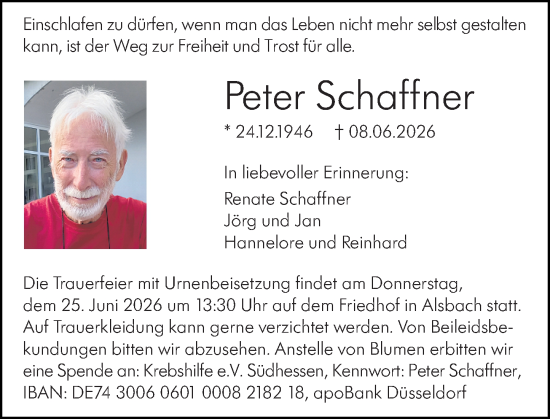 Traueranzeige von Peter Schaffner von Darmstädter Echo