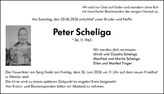 Traueranzeige von Peter Scheliga von Wetzlarer Neue Zeitung