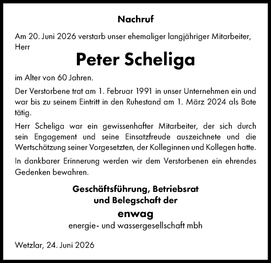 Traueranzeige von Peter Scheliga von Wetzlarer Neue Zeitung