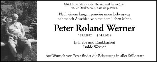 Traueranzeige von Peter Roland Werner von Wiesbadener Kurier