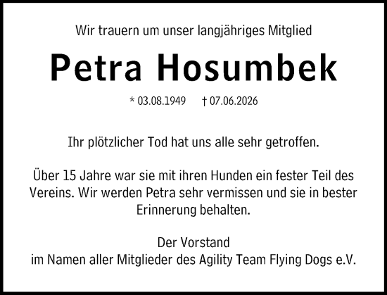 Traueranzeige von Petra Hosumbek von Dieburger Anzeiger/Groß-Zimmerner Lokal-Anzeiger