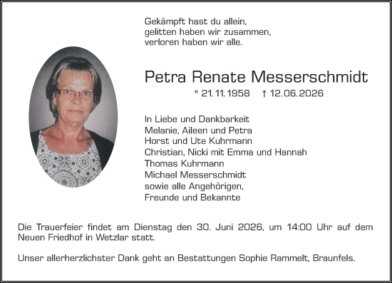 Traueranzeige von Petra Renate Messerschmidt von Wetzlarer Neue Zeitung