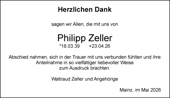 Traueranzeige von Philipp Zeller von Allgemeine Zeitung Mainz