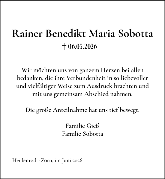 Traueranzeige von Rainer Benedikt Maria Sobotta von Wiesbadener Kurier