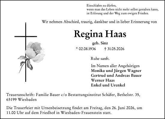 Traueranzeige von Regina Haas von Wiesbadener Kurier