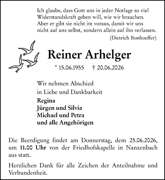 Traueranzeige von Reiner Arhelger von Dill Block