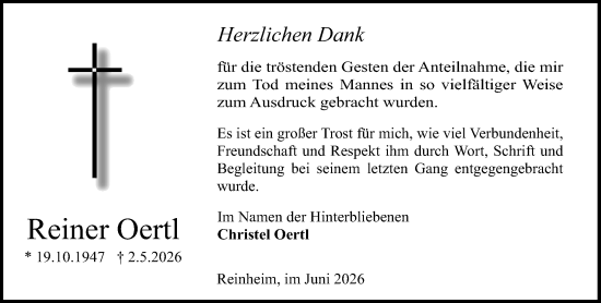 Traueranzeige von Reiner Oertl von Odenwälder Echo