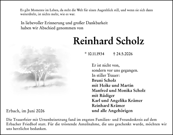 Traueranzeige von Reinhard Scholz von Odenwälder Echo