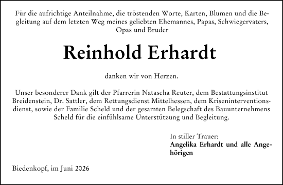 Traueranzeige von Reinhold Erhardt von Hinterländer Anzeiger