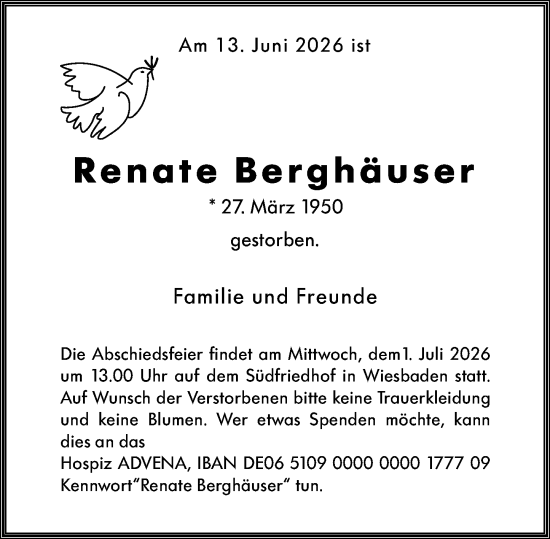 Traueranzeige von Renate Berghäuser von Wiesbadener Kurier