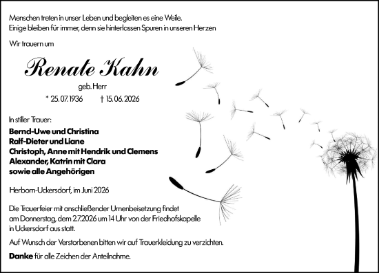 Traueranzeige von Renate Kahn von Dill Block