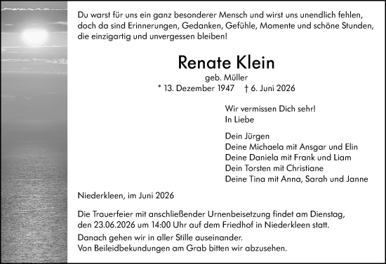 Traueranzeige von Renate Klein von Wetzlarer Neue Zeitung