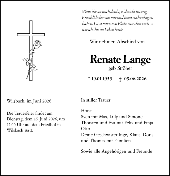Traueranzeige von Renate Lange von Wetzlarer Neue Zeitung