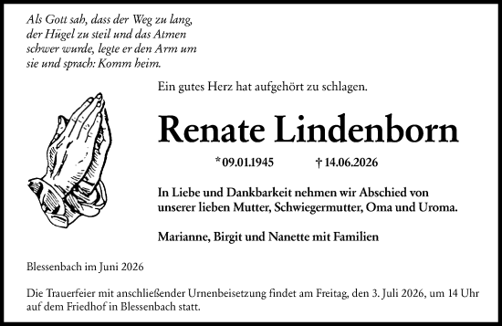 Traueranzeige von Renate Lindenborn von Weilburger Tageblatt